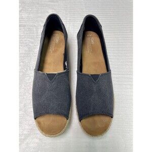 TOM'S Open Toe Platform Alpargata, Black Washed Canvas, Sz 12
